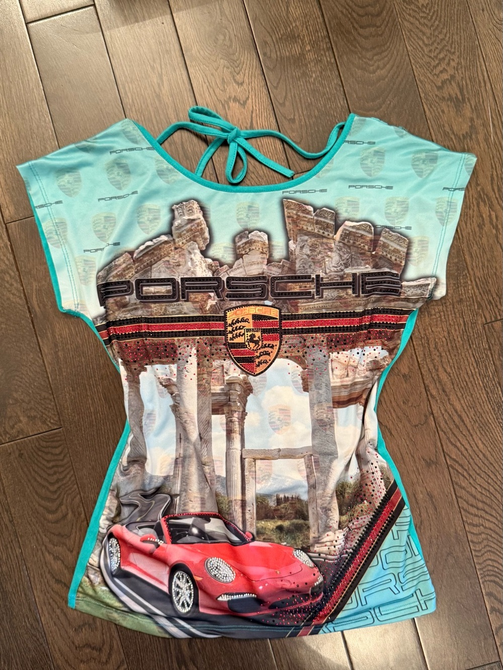 Y2K Porsche Bling Turquoise Graphic Tee